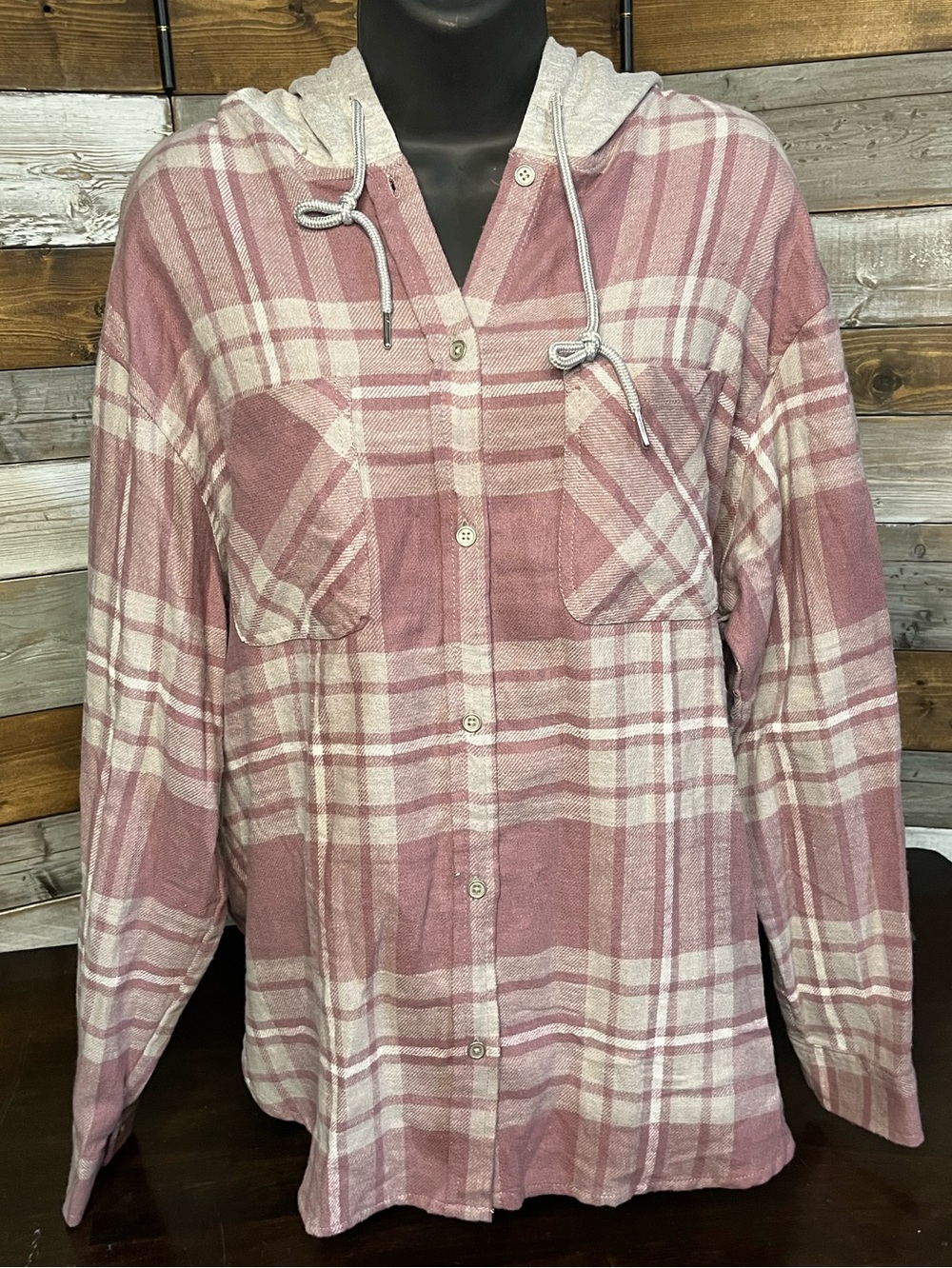 Full Tilt Tilly's Flannel Hoodie, Plum Grey, Sz L, NWT